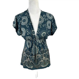 Womens Blue White Short Sleeve Dolman Stretch V Neck Blouse Top XS Estimate